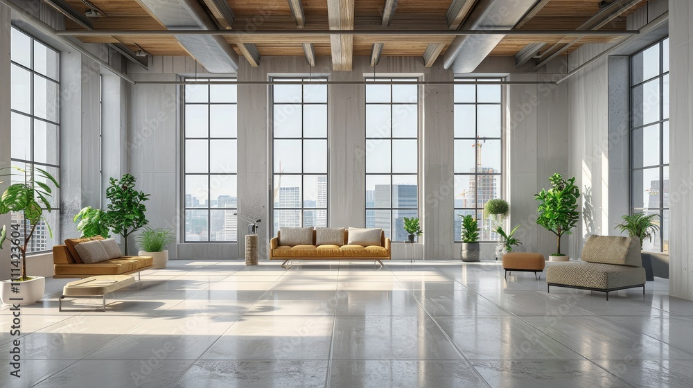 Poster empty office space with a minimalist design and large windows