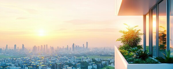 Fototapeta premium Modern balcony with greenery overlooking a cityscape at sunset.