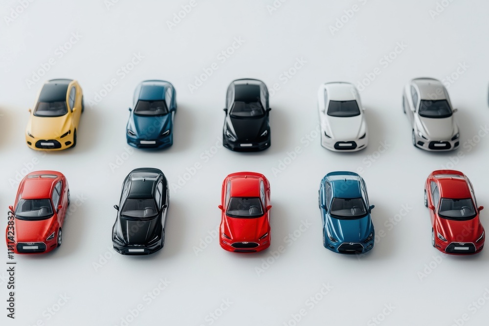 Poster Miniature models of different cars are neatly arranged on a white surface, ideal for showcasing or advertising with flexible text space. Generative AI