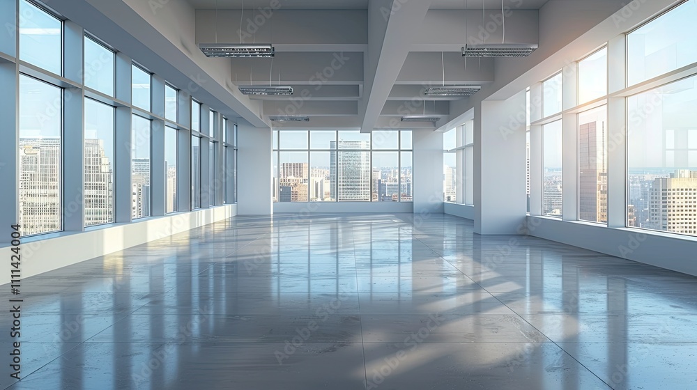 Poster empty office space with a minimalist design and large windows