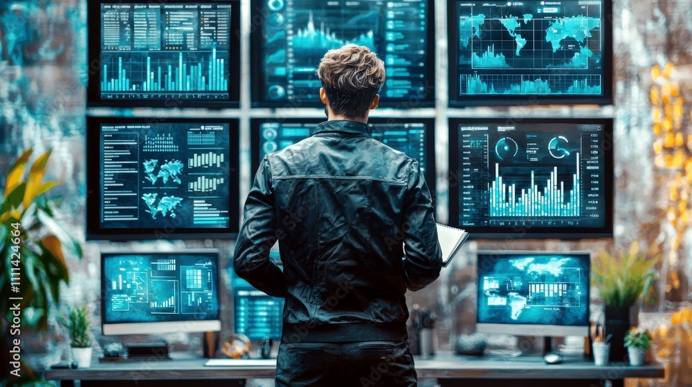 Poster business analyst reviewing data on multiple high-tech digital displays