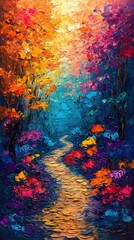 Fototapeta premium Vibrant Abstract Impressionism Colorful Oil Painting Thick Brush Strokes Bright Colors Winding Path Swirling Hues
