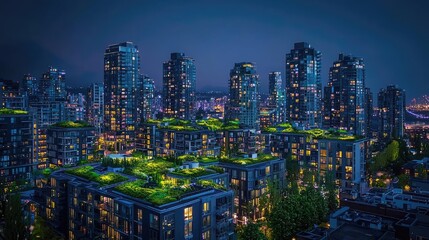 Naklejka premium City skyline at night with illuminated buildings and rooftop gardens.