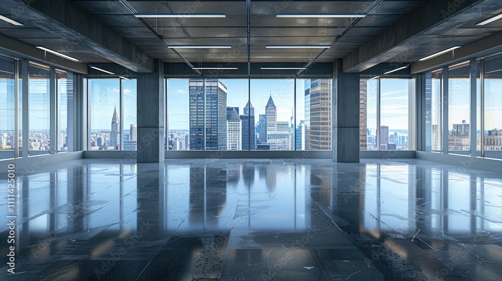Poster empty office space with a minimalist design and large windows