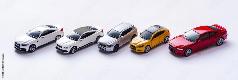 Poster Various miniature car models are neatly lined up on a white surface, offering a clean and simple layout perfect for captions or descriptions. Generative AI