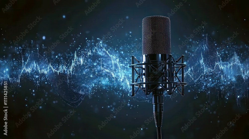 Poster modern microphone with sound waves background in digital art style