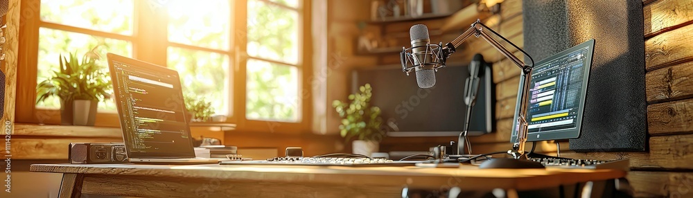 Poster modern home studio workspace with computer and microphone setup