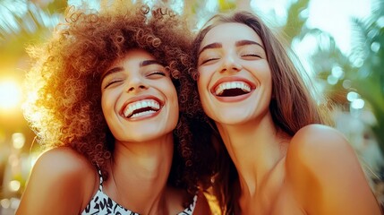 Obraz premium Joyful Friends Laughing Together in Nature with Sunlight Glowing