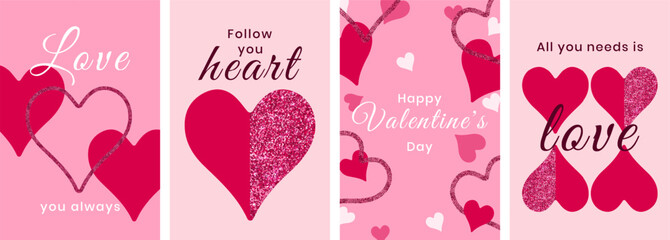 Creative modern abstract design with glitter hearts and typography. Set of Valentines Day, March 8 cards.Templates for holiday, advertisement, banner, poster, sales