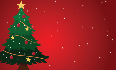 Christmas red background with realistic 3d decorative design elements. Festive Xmas composition flat top view of red gift boxes, glowing garland decorations, green tree branches. Vector illustration