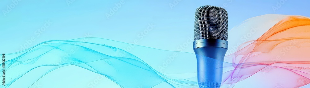Poster microphone with colorful waves background for music and sound events