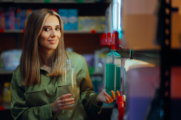
Happy Customer Filling Reusable Bottles with Detergent in Eco Shop
Eco-conscious woman reusing plastic bottle to reduce waste
