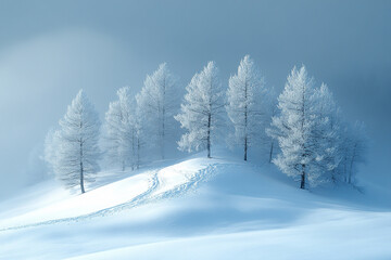 Obraz premium Frosty Trees on a Snowy Hillside Winter Wonderland