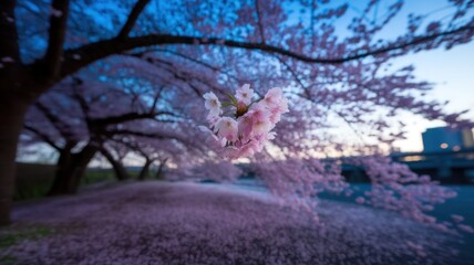 Fototapeta premium Cherry blossom trees blooming near a serene lake at dusk