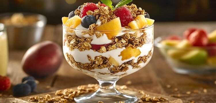 A creamy parfait layered with granola, yogurt, and fresh fruits