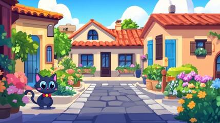Fototapeta premium Charming Sunny Village Street with Colorful Flowers, Lush Greenery, and an Adorable Cartoon Cat Wearing a Bow Tie in a Whimsical Art Style