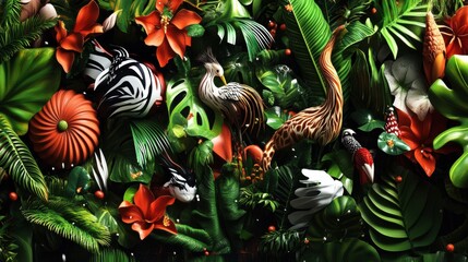 Vibrant Tropical Paradise with Exotic Birds and Lush Greenery Featuring Colorful Flowers and Intricate Foliage for Nature Lovers and Wildlife Enthusiasts