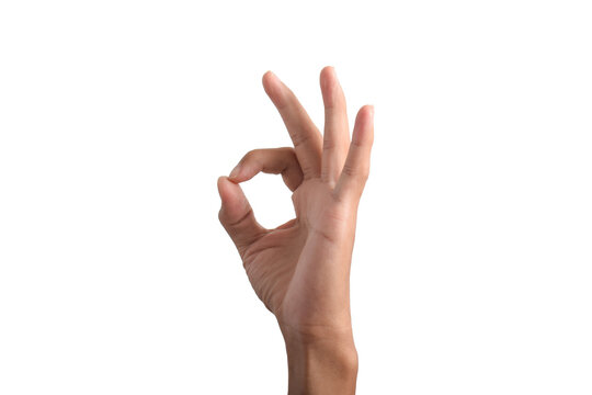Hand showing the ok gesture isolated on a white background. OK and okay, hand gesture, sign