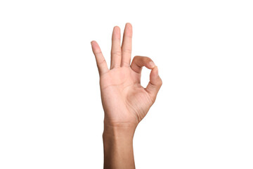 Hand showing the ok gesture isolated on a white background. OK and okay, hand gesture, sign