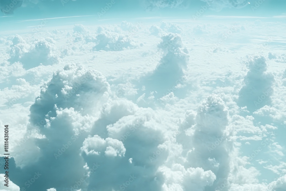 Poster serene aerial view of fluffy white clouds over the expanse of a bright sky with soft light and soft 