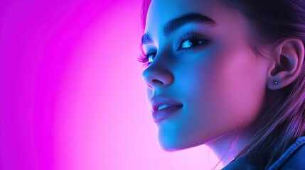Stunning woman with a blue glow, illuminated by neon light against a purple background. Beauty makeup concept.