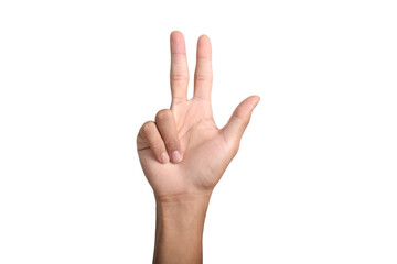 Naklejka premium A Caucasian male hand showing the number three gesture isolated on a white background.
