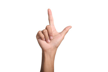 A Caucasian male hand shows the number two gesture isolated on a white background.