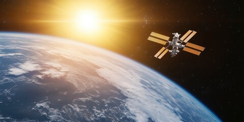 Obraz premium The International space station in orbit over earth, with a sunrise in the background