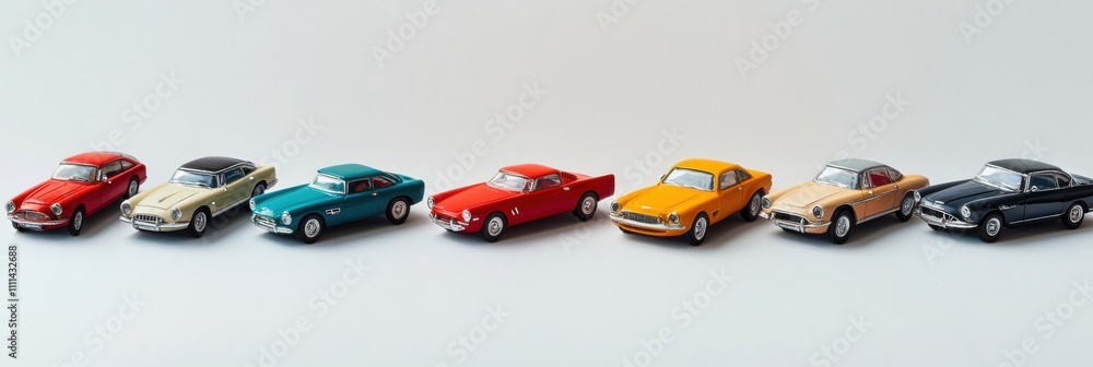 Poster Various miniature car models in vibrant colors are arranged neatly on a white background, allowing for customization with text. Generative AI