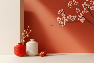 Minimalist Still Life with Vases and Red Berries