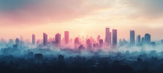 Cityscape of Air Pollution and Unhealthy Smog with Toxic Haze and Dust in the Environment at Dawn