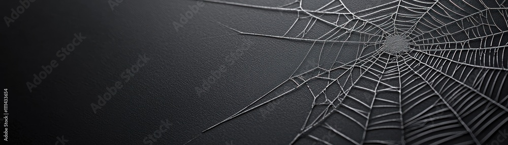 Poster a close-up view of a delicate spider web glistening against a dark background, showcasing intricate 