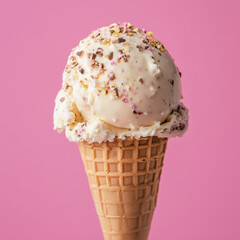 Ice cream cone with vanilla scoop isolated on a pink background