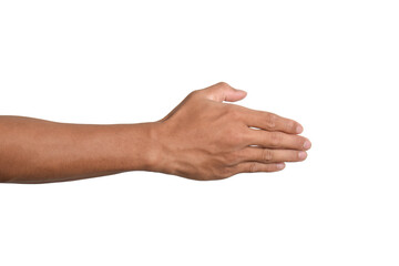 Man stretching hand to handshake isolated on white background. Male hand ready for handshaking.