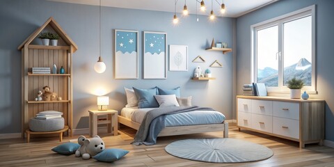 Cozy Scandi Kids Bedroom with Blue Pillow on White Bed and Mockup Poster in Low Light Photography for a Warm and Inviting Atmosphere