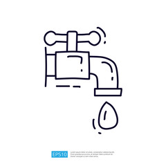 A simple line drawing of a faucet with a droplet of water, illustrating the concept of water supply and conservation.