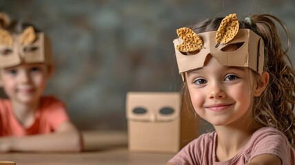 kids art & craft recycling concept. Two children are wearing creative cardboard animal masks, smiling joyfully at the camera, with a playful atmosphere in the background.