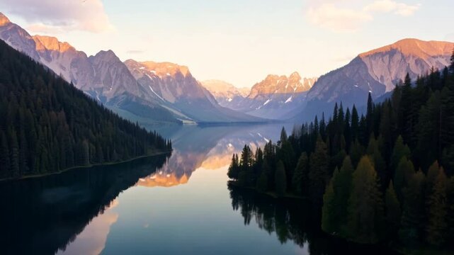 Crystal clear mountain lake surrounded by evergreen forests during sunrise. Nature scenic concept