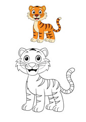 A delightful coloring page featuring a cute tiger standing and smiling. Perfect for kids to unleash creativity with vibrant colors and enjoy a fun-filled activity!