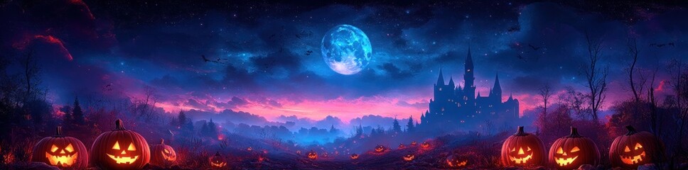 Fototapeta premium Halloween Landscape with Castle Full Moon Pumpkins and Bats