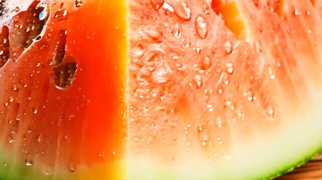 Close-up of juicy watermelon slice with fresh water droplets on vibrant red surface. Food concept