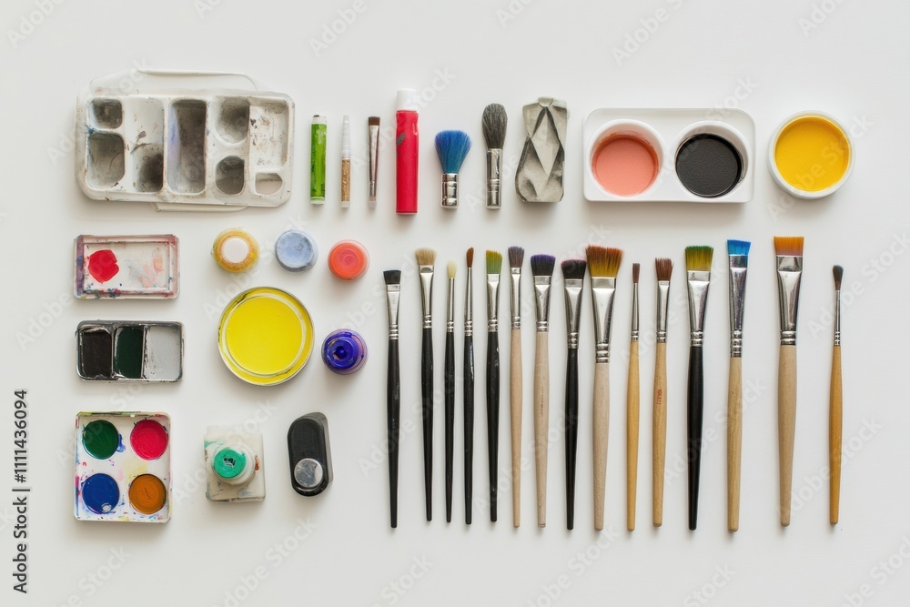 Aufkleber Hobby and DIY tools including brushes, scissors, and paint arranged neatly on a white surface, featuring ample space for creative text or notes. Generative AI