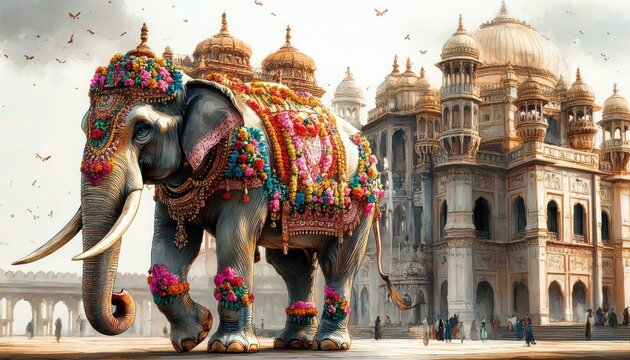 Majestic Elephant with Floral Decorations Beside Indian Palace in Watercolor
