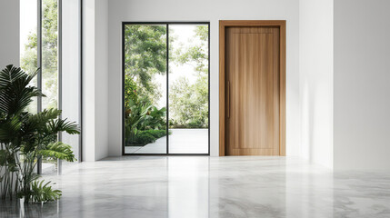 Fototapeta premium Modern bright interior with glass door, wooden door, and marble floor.