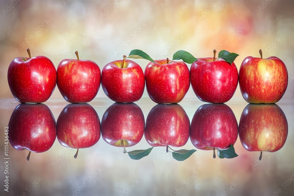 Poster six fresh red apples in a row with reflections on a glossy surface against a soft blurred background