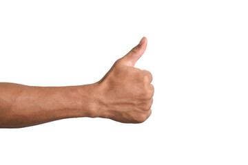 Male hand showing thumbs up gesture isolated on white background.