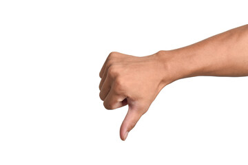 Man hands showing thumbs down dislike gesture isolated on white background. Concept of dislike gesture, dislike, fail