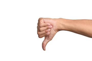 Man hands showing thumbs down dislike gesture isolated on white background. Concept of dislike gesture, dislike, fail