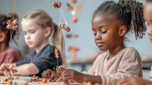 kids art & craft recycling concept. Children engage in a creative activity, crafting with natural materials, showcasing focus and collaboration in a bright, inviting space.