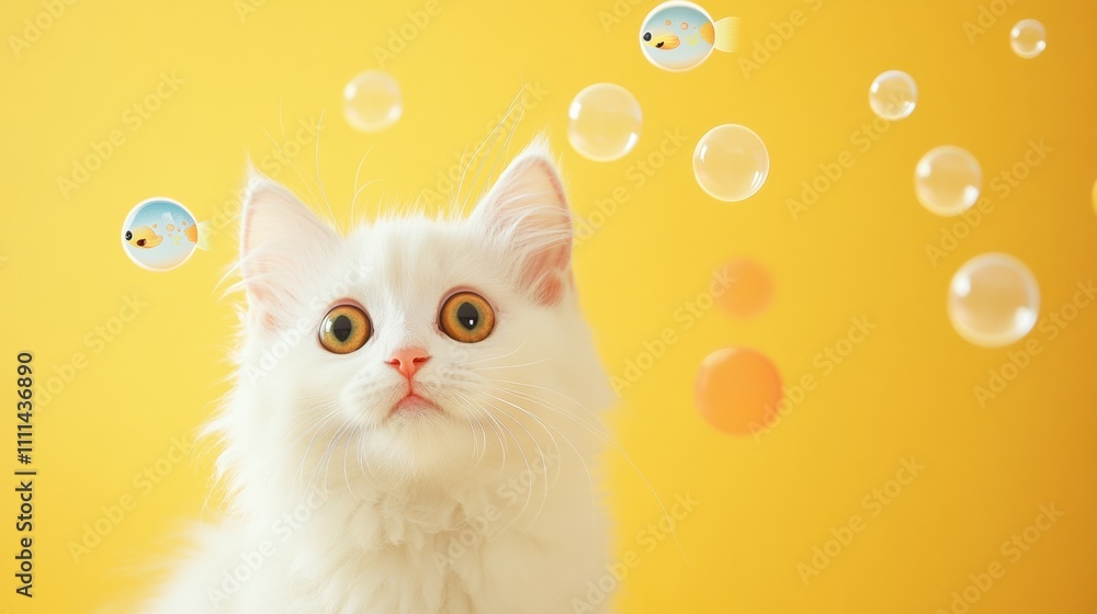 Poster A fluffy white cat looks up in fascination at floating circular bubbles with small fish inside, all set against a cheerful yellow backdrop. Generative AI